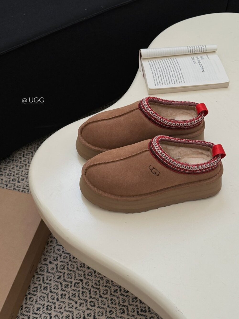 UGG Chestnut Suede Slip-On Clogs with Red Trim